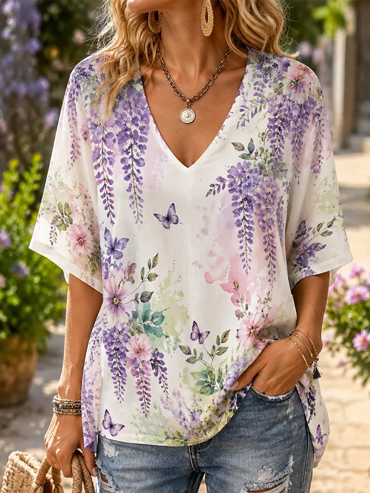 Comstylish Women's V-neck Casual Blouse - Watercolor Purple Wisteria Flowers And Butterflies Print Loose Top