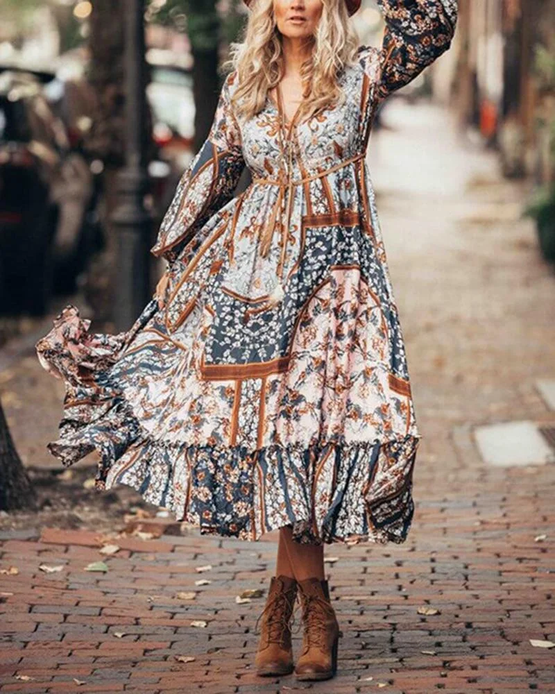 Women's Tribal Print V Neck Maxi Dress