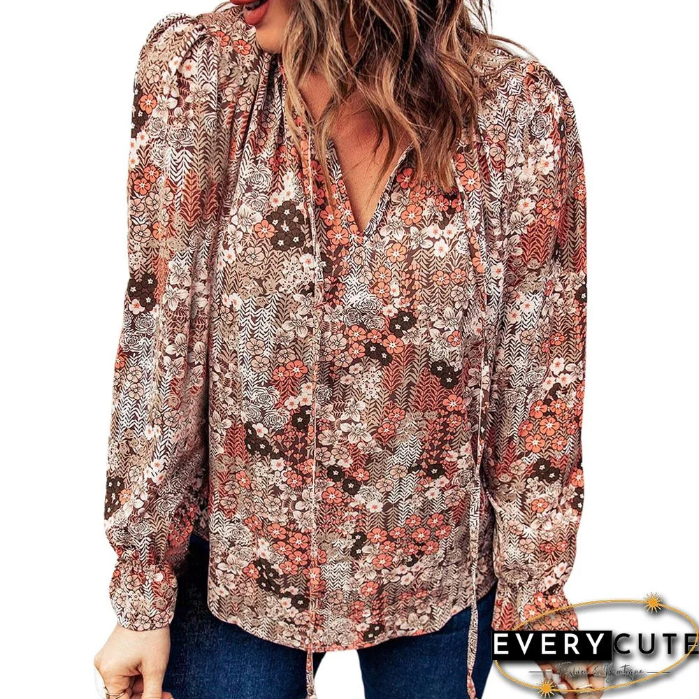 Rust Red Floral Print Lace-up Lantern Sleeve Chiffon Blouse