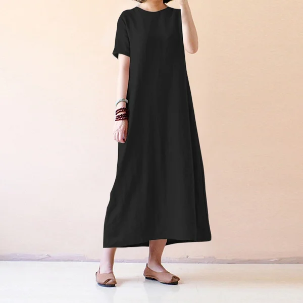 Women Summer Short Sleeves Maxi Dress Tunic Cotton Linen Solid Color Casual Loose Party Long Dresses Plus Size