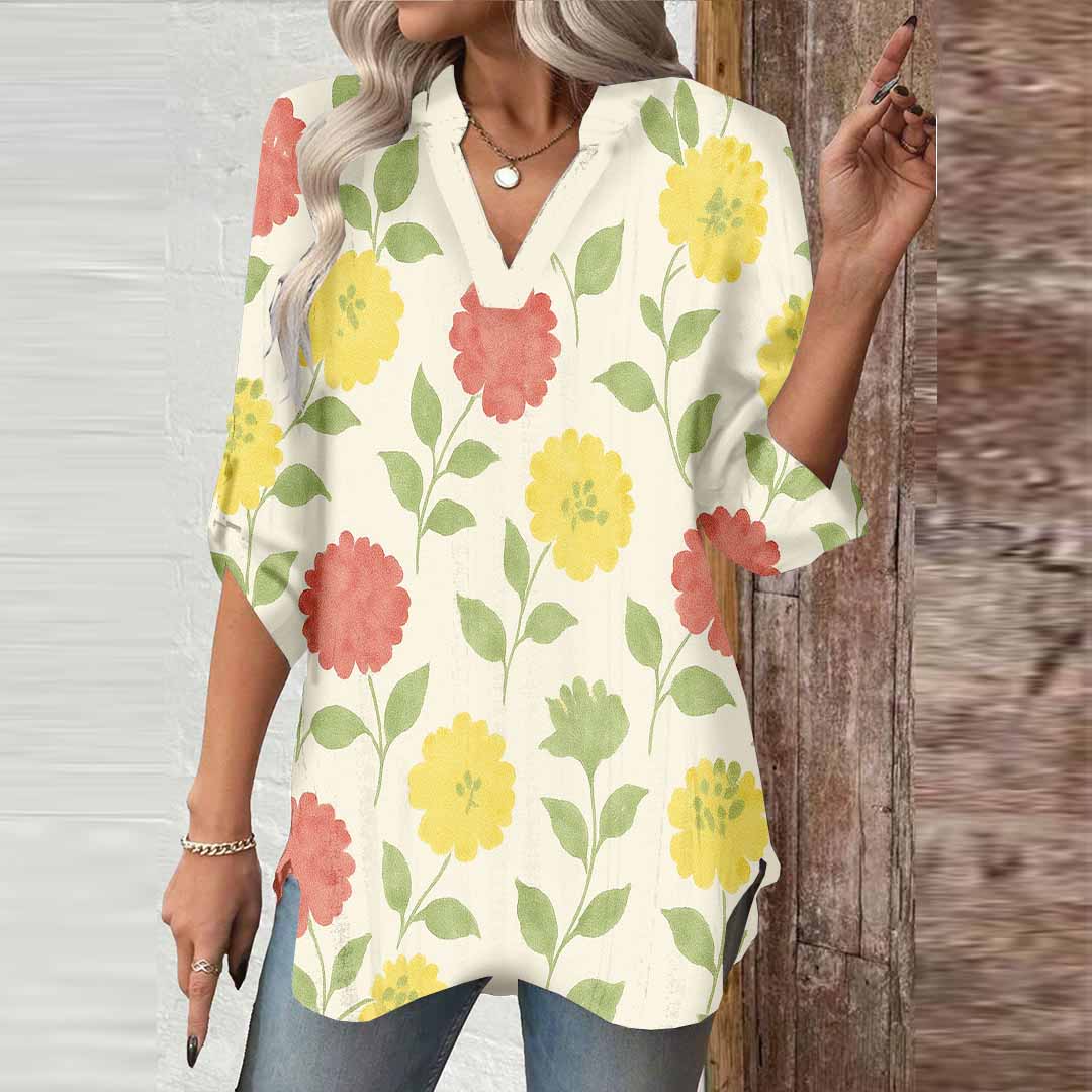 Women Flowers, Yellow, Red DZGA0382 3/4 Sleeve V-neck Printed Graphic Button Tops