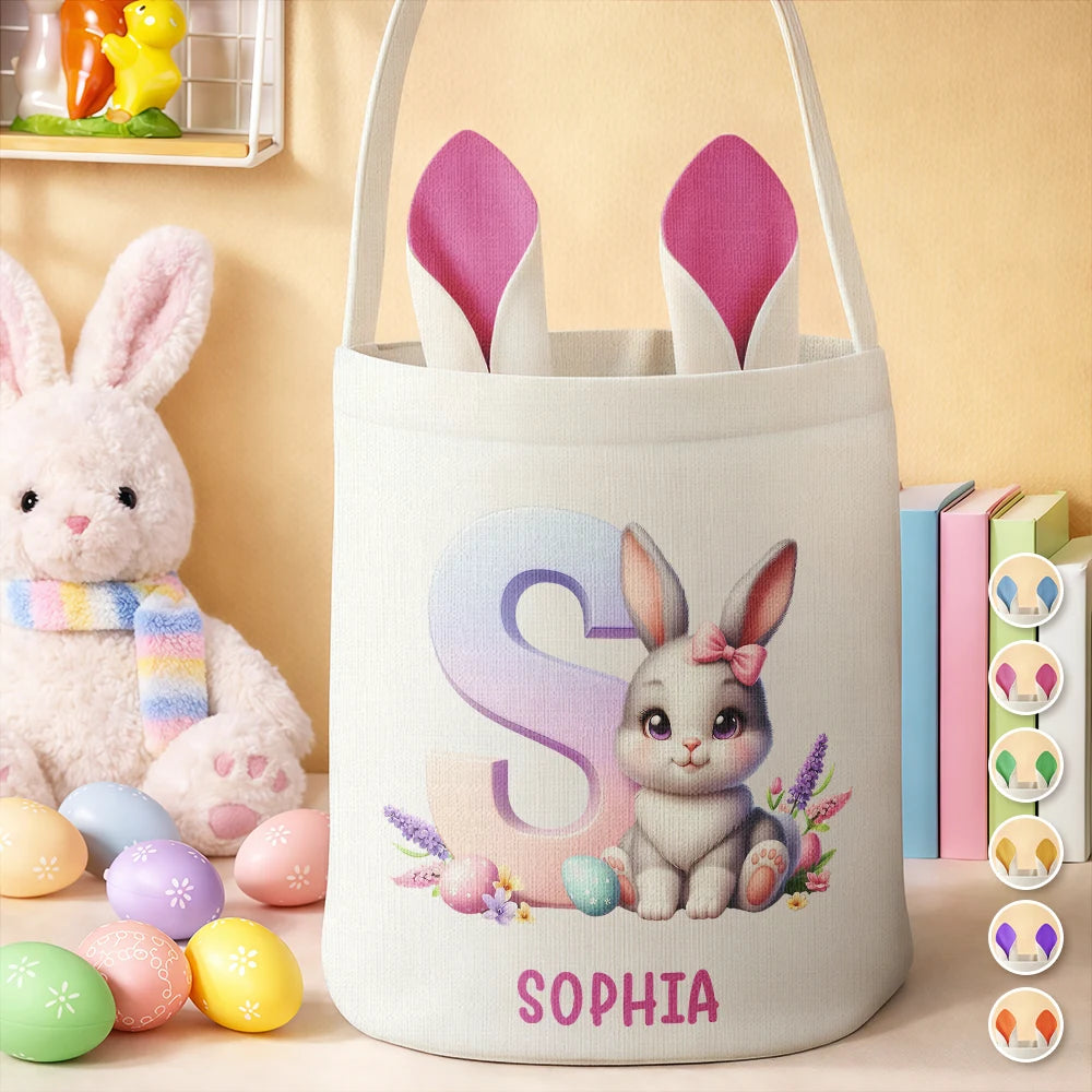 Personalized Easter Bunny Ears Bucket Bag, Custom Name Monogram Canvas Basket, Kid Holiday Gift Tote, Toddler Toy Storage, Initial Bunny Bag 