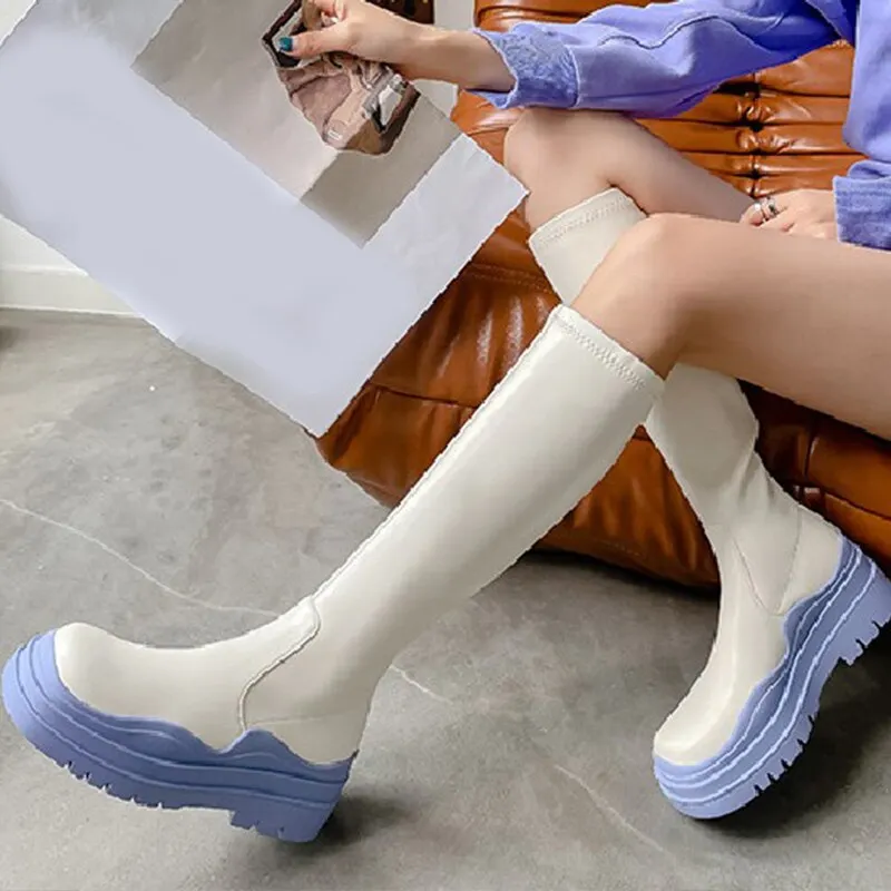 Chunky Heels Platform Long Boots For Women 2021 Autumn Winter Ladies Knee High Boots Candy Colors Female Soft Leather Shoes New