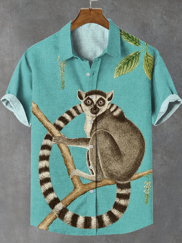 Men's Retro Lemur Forest Vacation Art Print Linen Blend Shirt