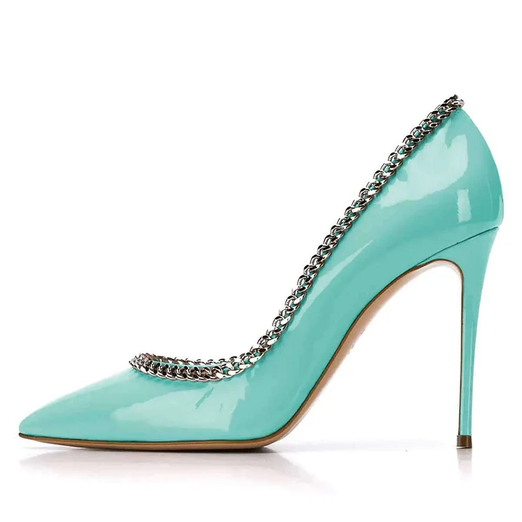 Turquoise Patent Leather Stiletto Heels Chain Trim Pointed Toe Pumps |FSJ Shoes