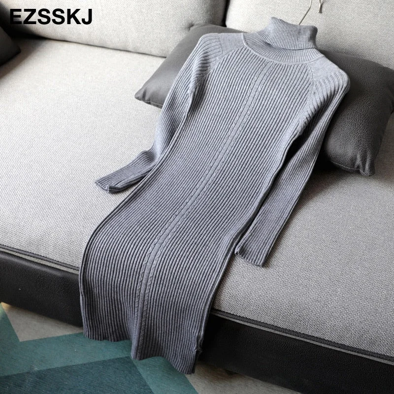 2020 autumn winter midi sweater dress women staight knit short dress highneck dress female slim sweater bodycon warm dress