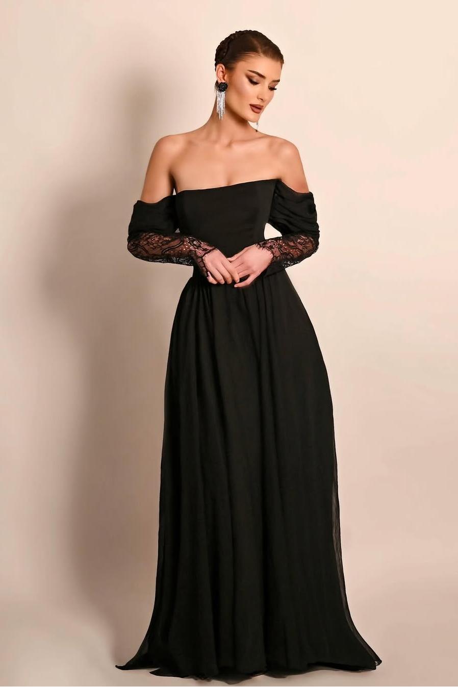 Oknass Off the Shoulder Long Sleeves Long Prom Dress With Lace Pleated 