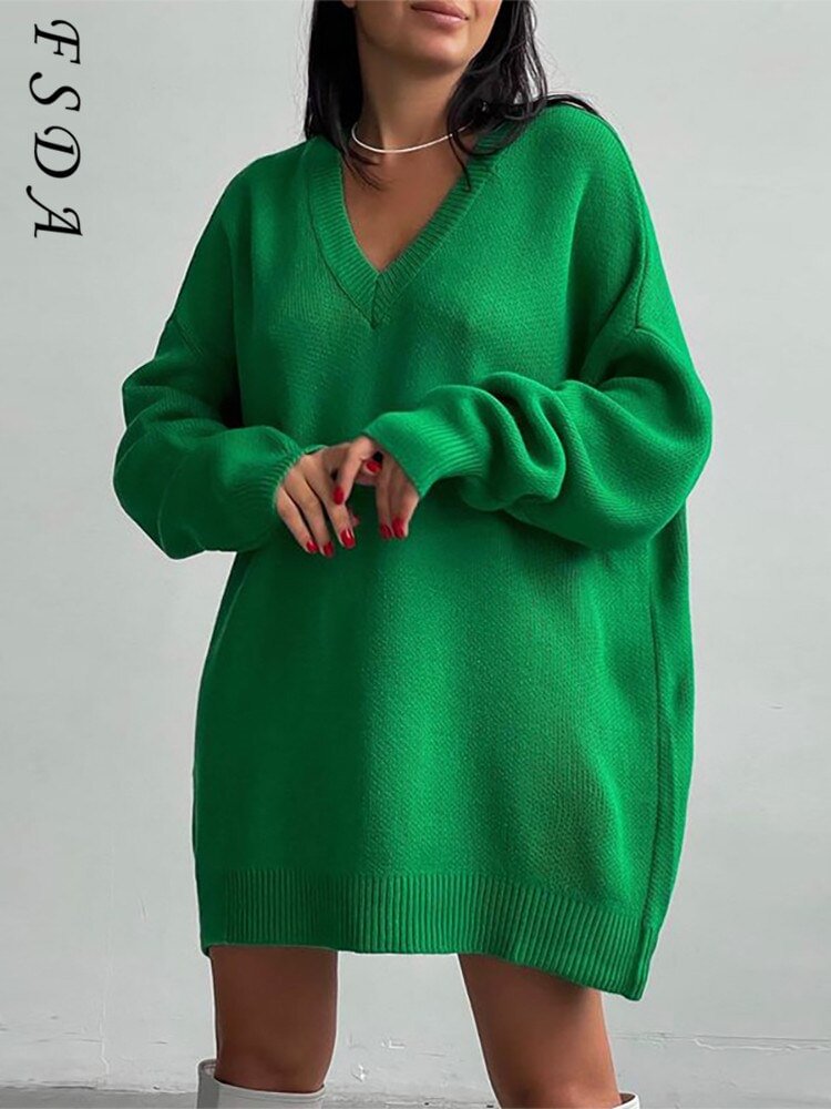 FSDA Y2K Knitted Women Pullover Green V Neck Long Sleeve 2021 Loose Casual Sweater Dress Autumn Winter Oversized Top
