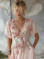 Vintage Pink Boho Floral Art V Neck Cozy Linen Maxi Dress