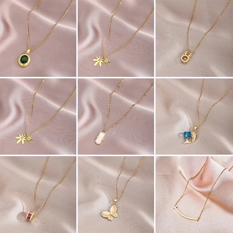 3 Pieces Elegant Minimalist Leaf Four Leaf Clover Insect Stainless Steel Plating Inlay Zircon Pendant Necklace