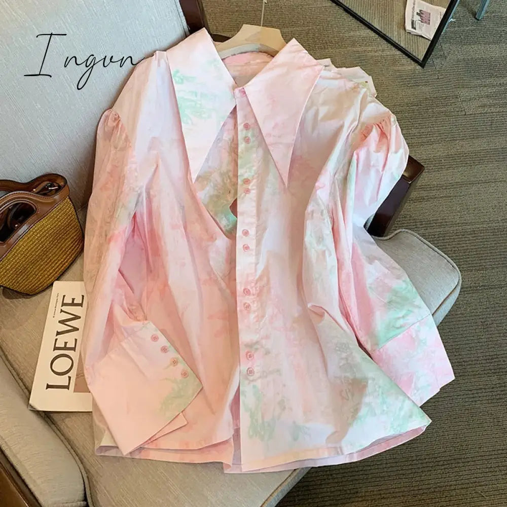 Ingvn - Korean Fashion Tie Dye Loose Long Sleeve Single Breasted Shirt 2023 Spring Women’s