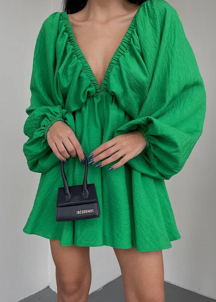 Fashion Style Lantern Sleeve Sexy V Neck Short Dress