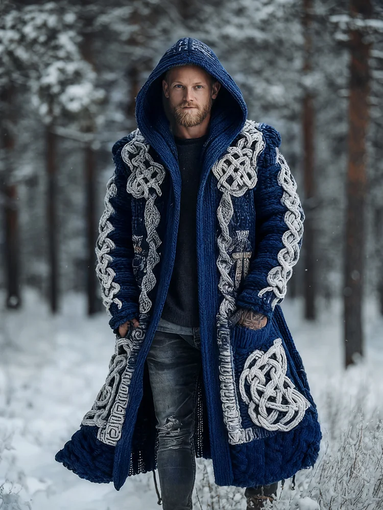 Men's Viking Intricate Celtic Knot Colorblock Pocket Mid-length Cardigan Sweater