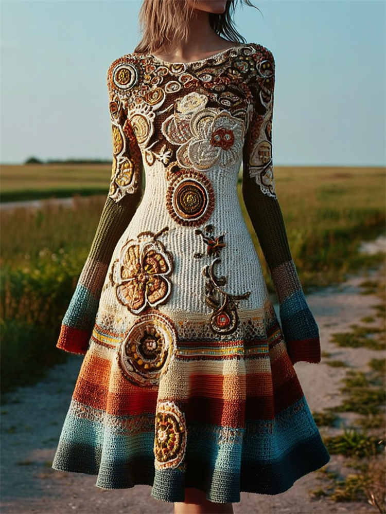 Boho Floral Crochet Colorblock Knit Sweater Dress