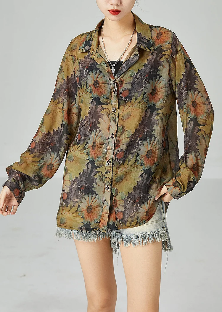 5.6Fitted Khaki Oversized Sunflower Print Cotton Shirt Top Spring