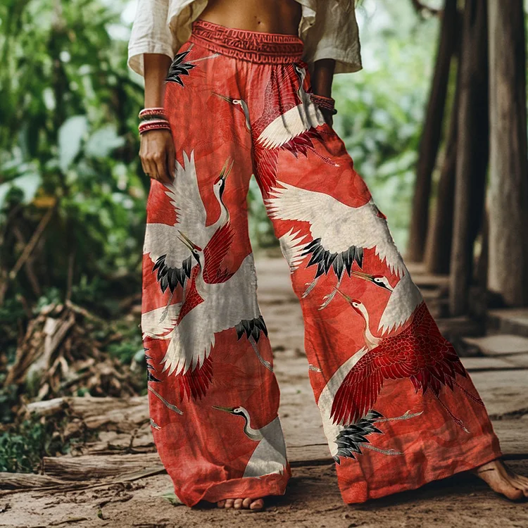 Vintage Japanese Crane Print Loose Wide Leg Pants