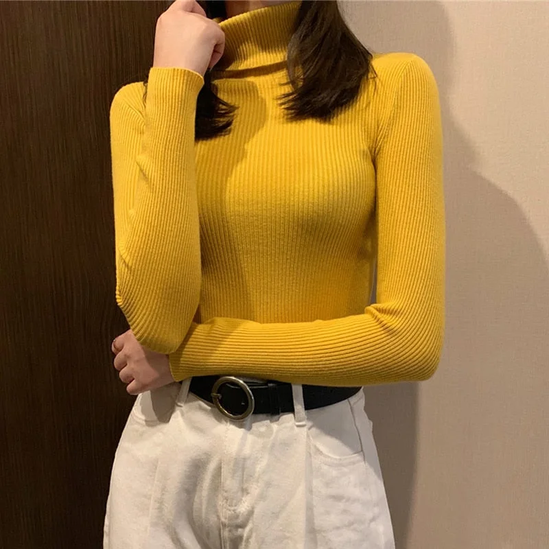 Zoki Turtleneck Sweaters Autumn Women Knitted Pullovers Elastic Jumper Soft Long Sleeve Korean Slim Ladies Basic Top New 2021