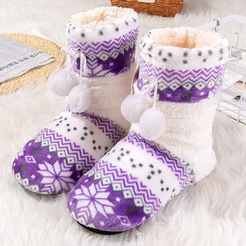 Winter Slippers Women Warm Velvet Fur Plush Slippers  Non Slip Soft Bedroom Slippers Striped Bow-knot Home Shoes