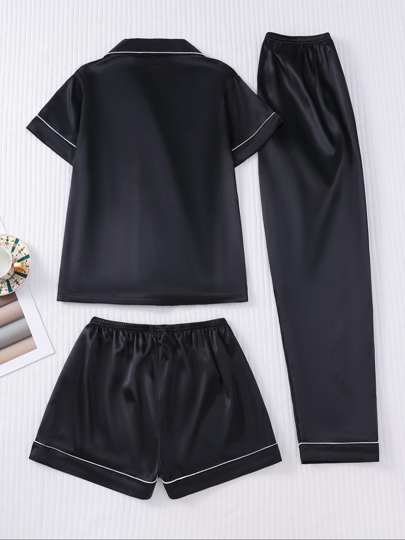 Women's Solid Satin Pyjama Three-piece Set, Elegant Comfy Short Sleeve Lapel Neck Button Up Top & Shorts & Pants PJ Set, Ladies Sleepwear for All Seasons
