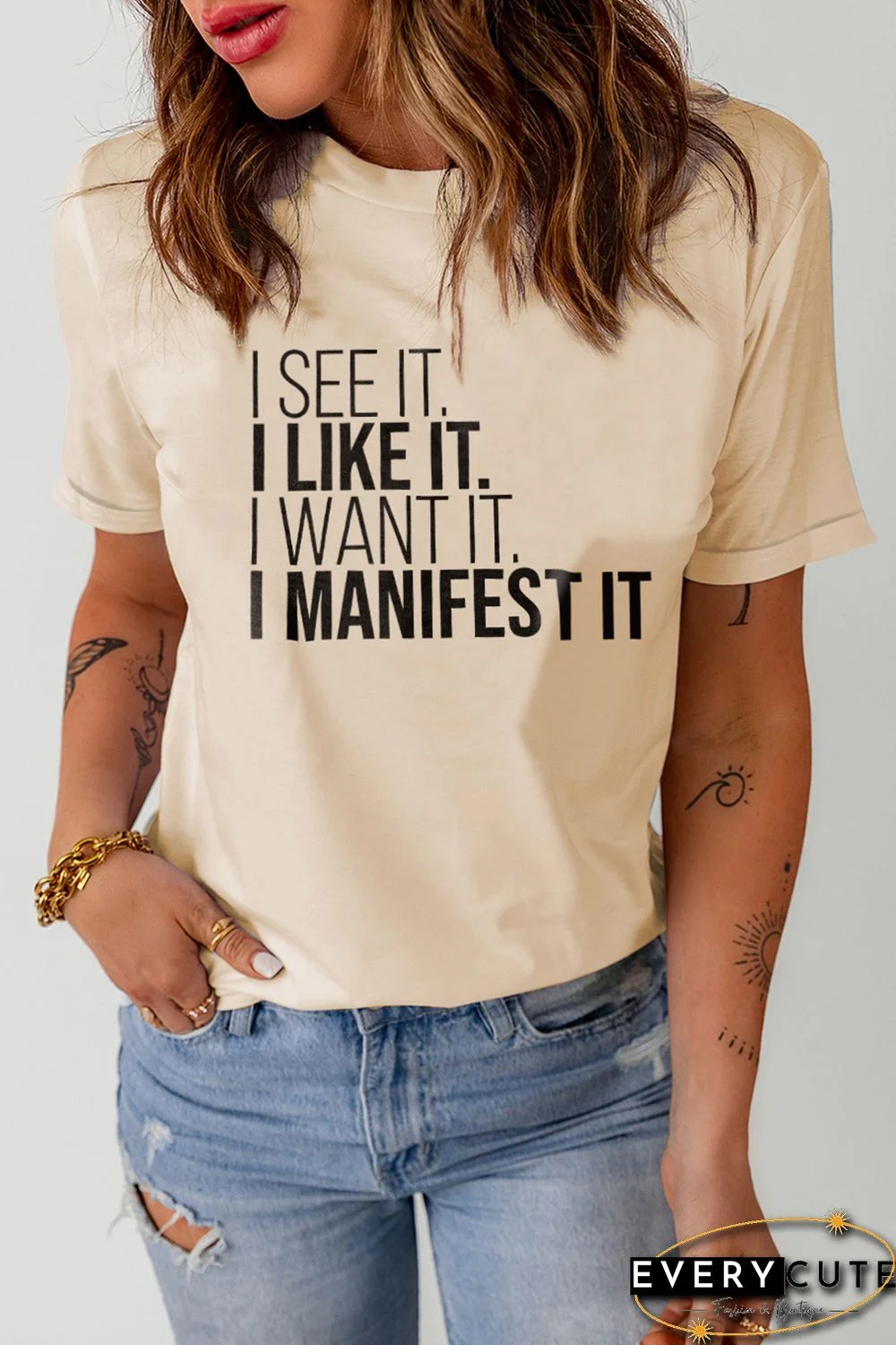 Khaki I Like It I Manifest It Letter Graphic T Shirt
