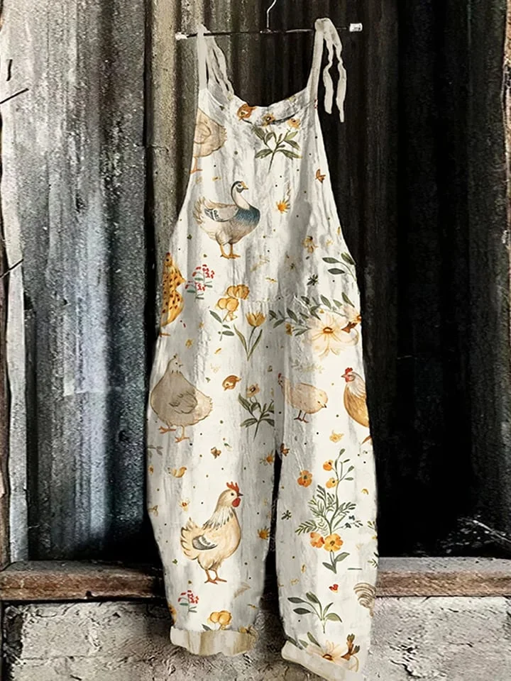 Women's Farm Chicken Print Linen Blend Casual Jumpsuit