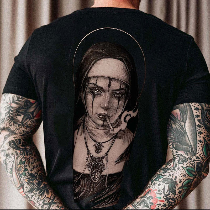 Gloomy Nun Smoking Bad Religion Black Print T-shirt