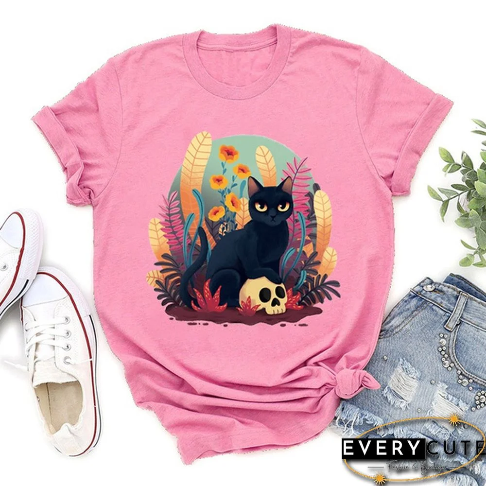 Cute Cat Print T-shrits For Women Summer Short Sleeve Round Neck Cute Loose T-shirt Creative Personalized Ladies Tops