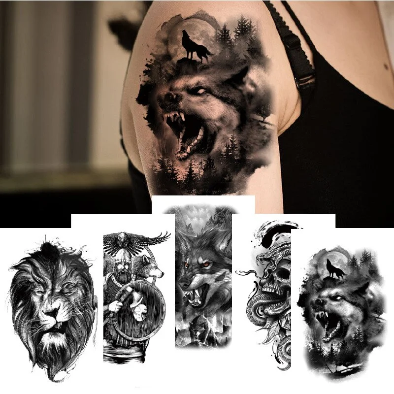 Sdrawing Temporary Tattoo Sticker Forest Lion Tiger Flash Tattoos Women Skeleton Skull Bodi Art Arm Fake Tatoo Men Body Woman