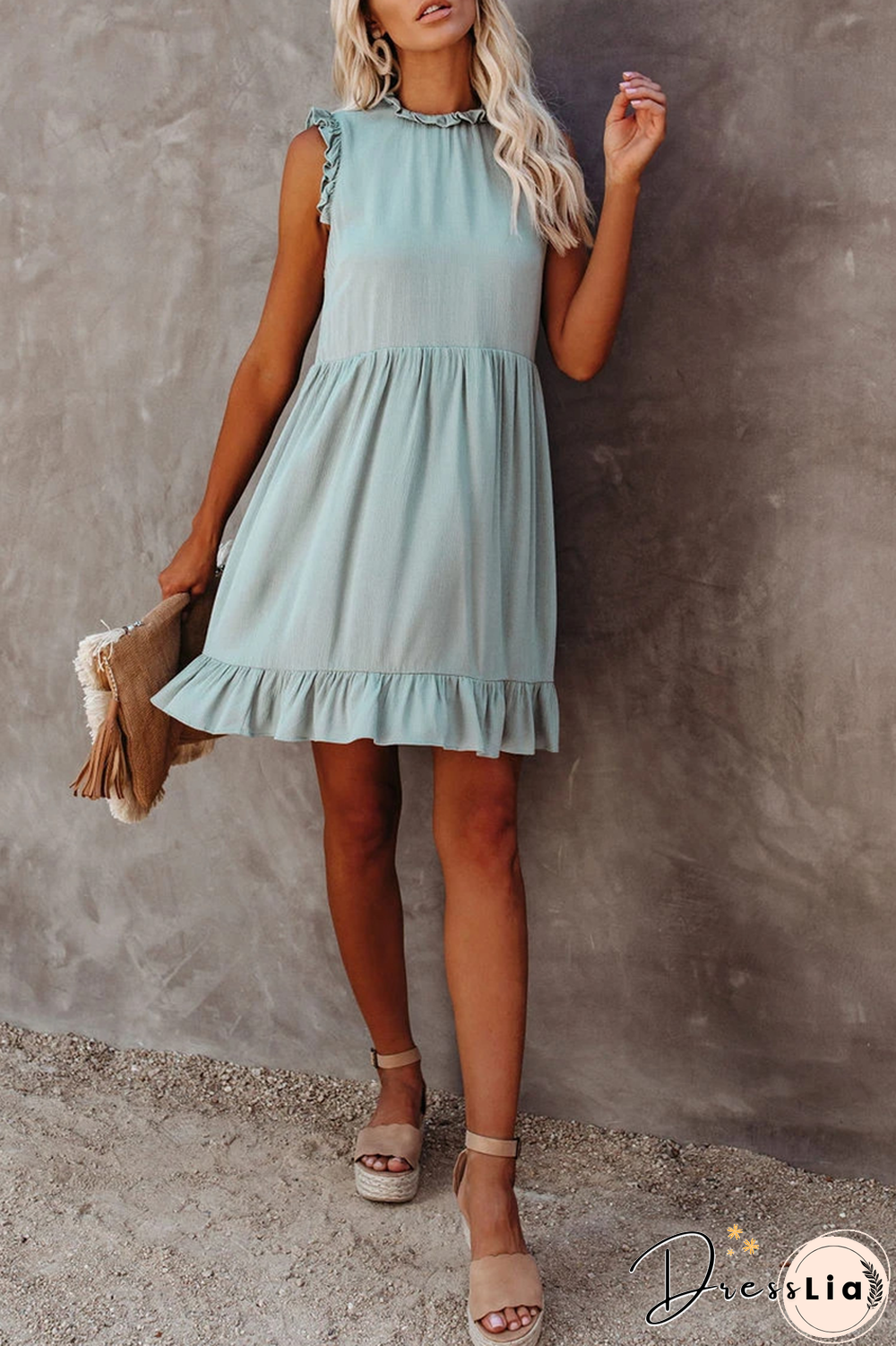 Casual Solid Flounce Half A Turtleneck Cake Skirt Dresses(3 colors)