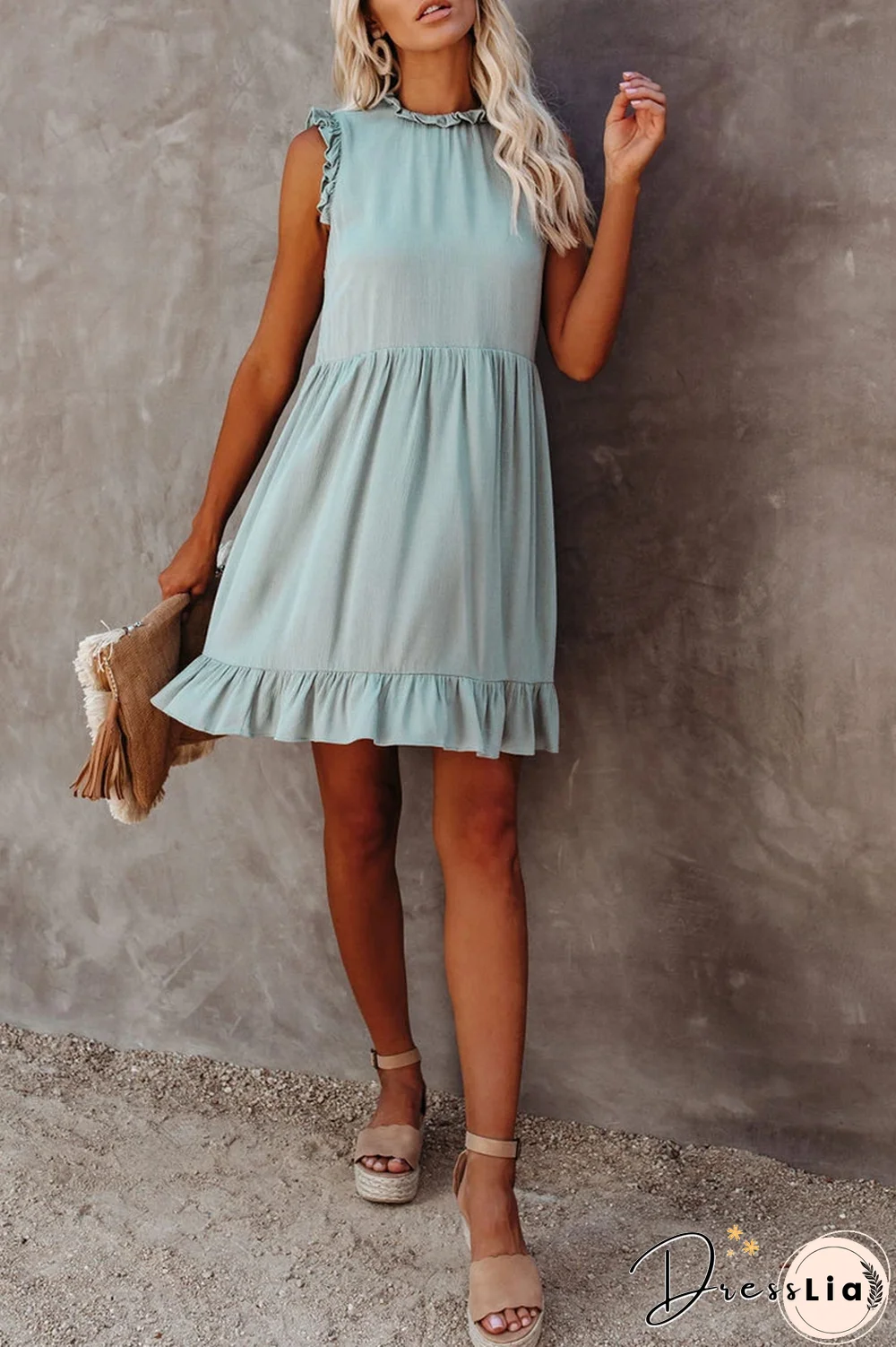 Casual Solid Flounce Half A Turtleneck Cake Skirt Dresses(3 colors)