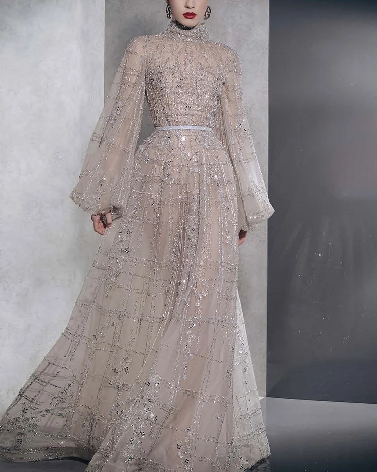 Fully Embellished Puffy Long Sleeve Gown
