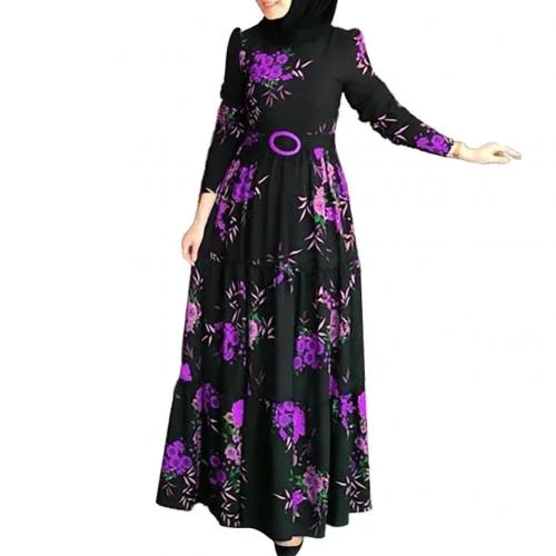 Muslim Abaya Dress Women Vintage Ethnic Floral Print Belt Maxi Kaftan Robe Long Sleeve Casual Long Dresses Party