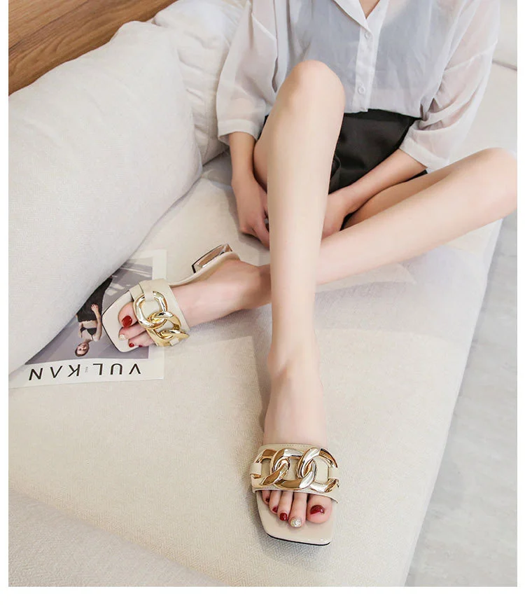 Yyvonne Cool Slippers Women's Retro Chain Flat Shoes Niche Cool Drag Spring And Summer New Wear Slippers Women's Shoes