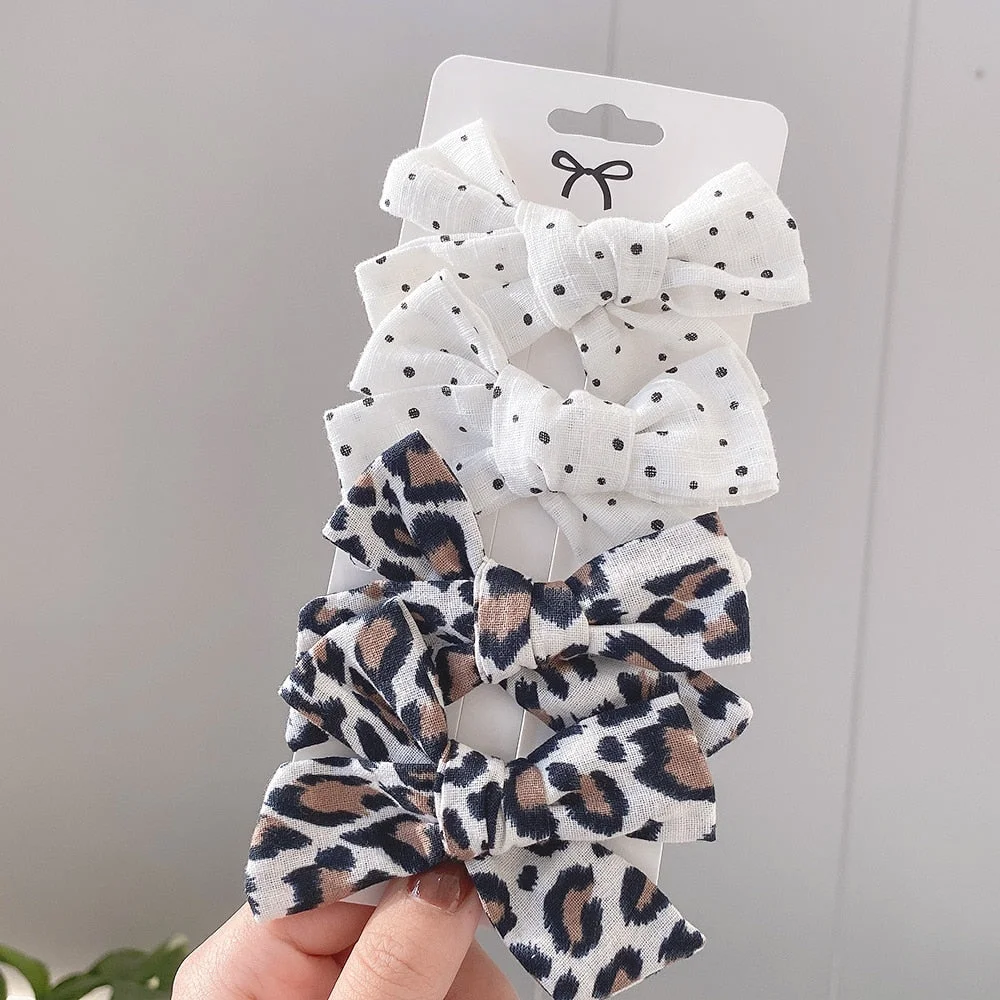4Pcs/set Leopard Print Hairpins Bowknot Hair Clips For Cute Girls Cotton Safty Barrettes Hairgrip Headwear Kids Hair Accessories
