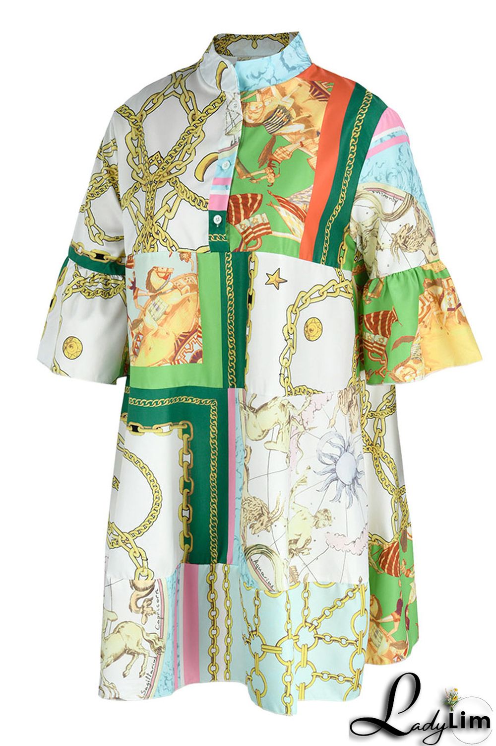 Gold Fashion Casual Print Patchwork V Neck A Line Dresses