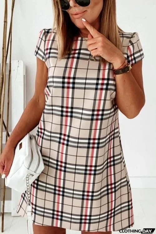 Grid Short Sleeve Bodycon Mini Dress
