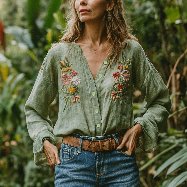 Women's Bohemian Resort Vintage Linen Print Casual V-neckline Long Sleeve Mint Green Top