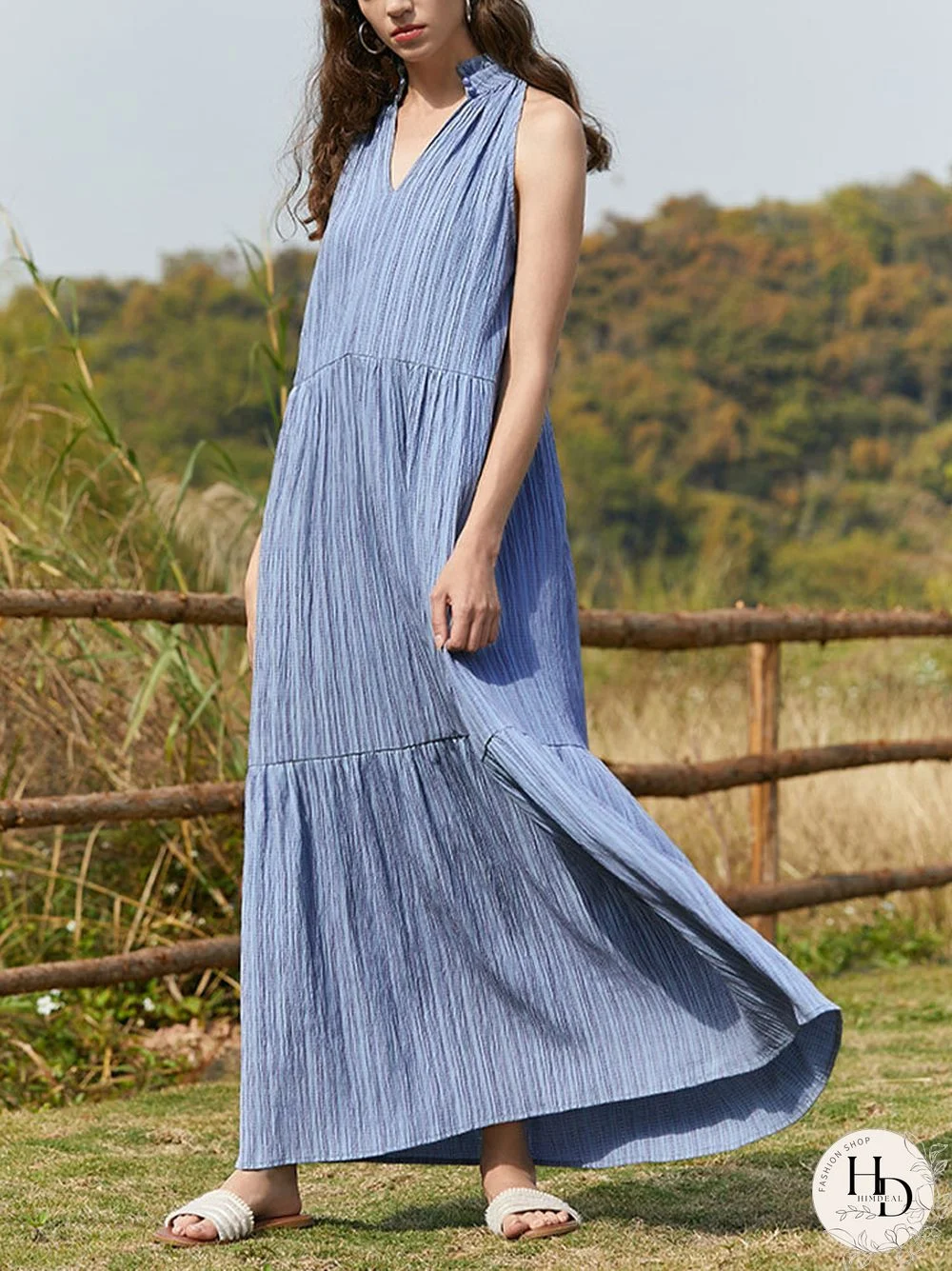 Solid Button Stand Collar Sleeveless Maxi Dress For Women