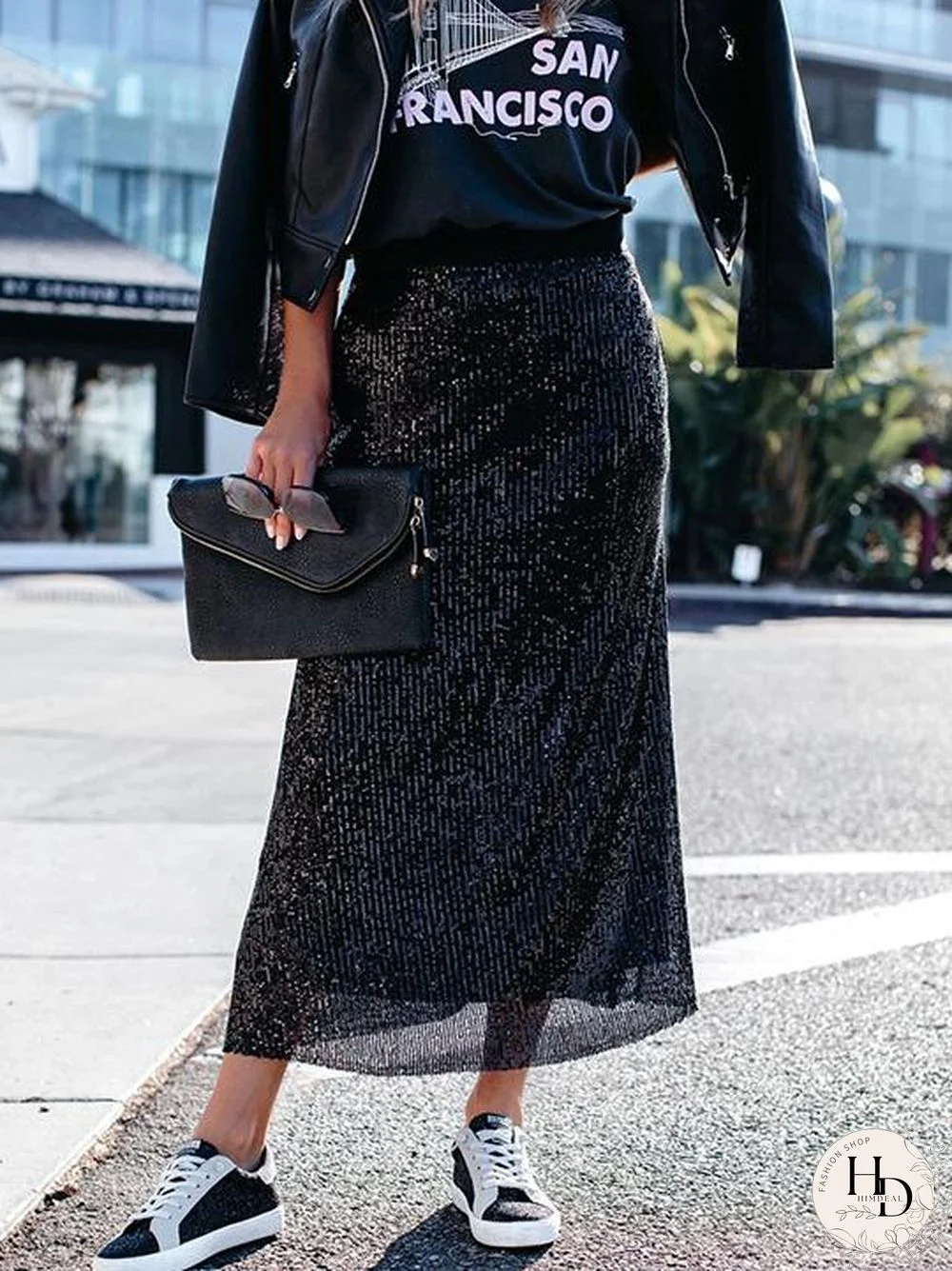 Black Sequins Plain Loose Skirt