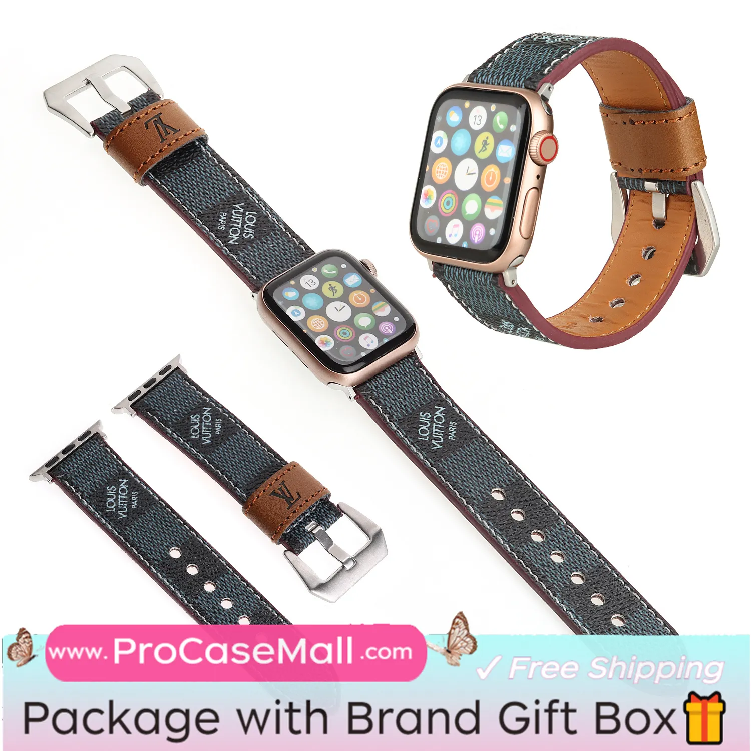 LV Genuine Leather Monogram Canvas Apple Watch Strap Checkerboard Canvas