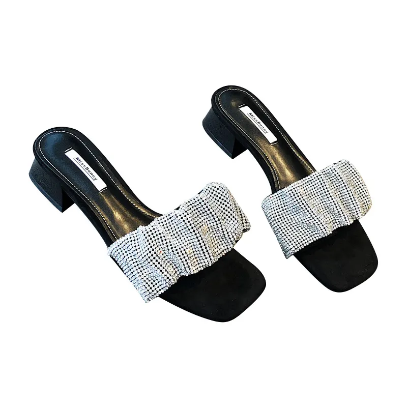 Breakj Breakj Slippers Women's Fashion Wearing Fairy Wind 2025 New Water Drill Cool Drag Low And Exposed Toe Coarse And Word Drag