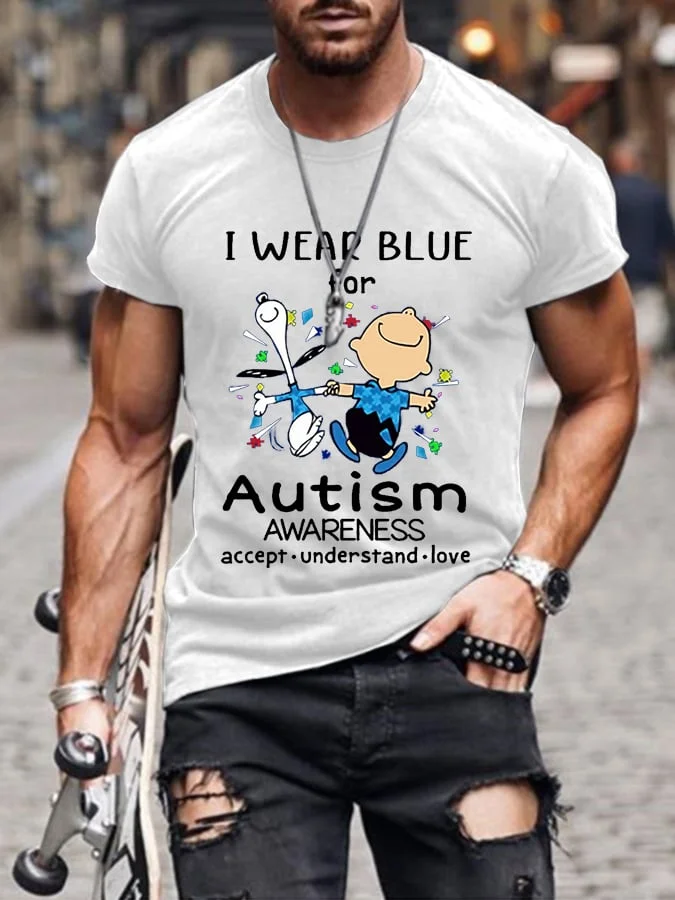 Autism Awareness I Wear Blue For Autism Casual Print Short Sleeve T-Shirt