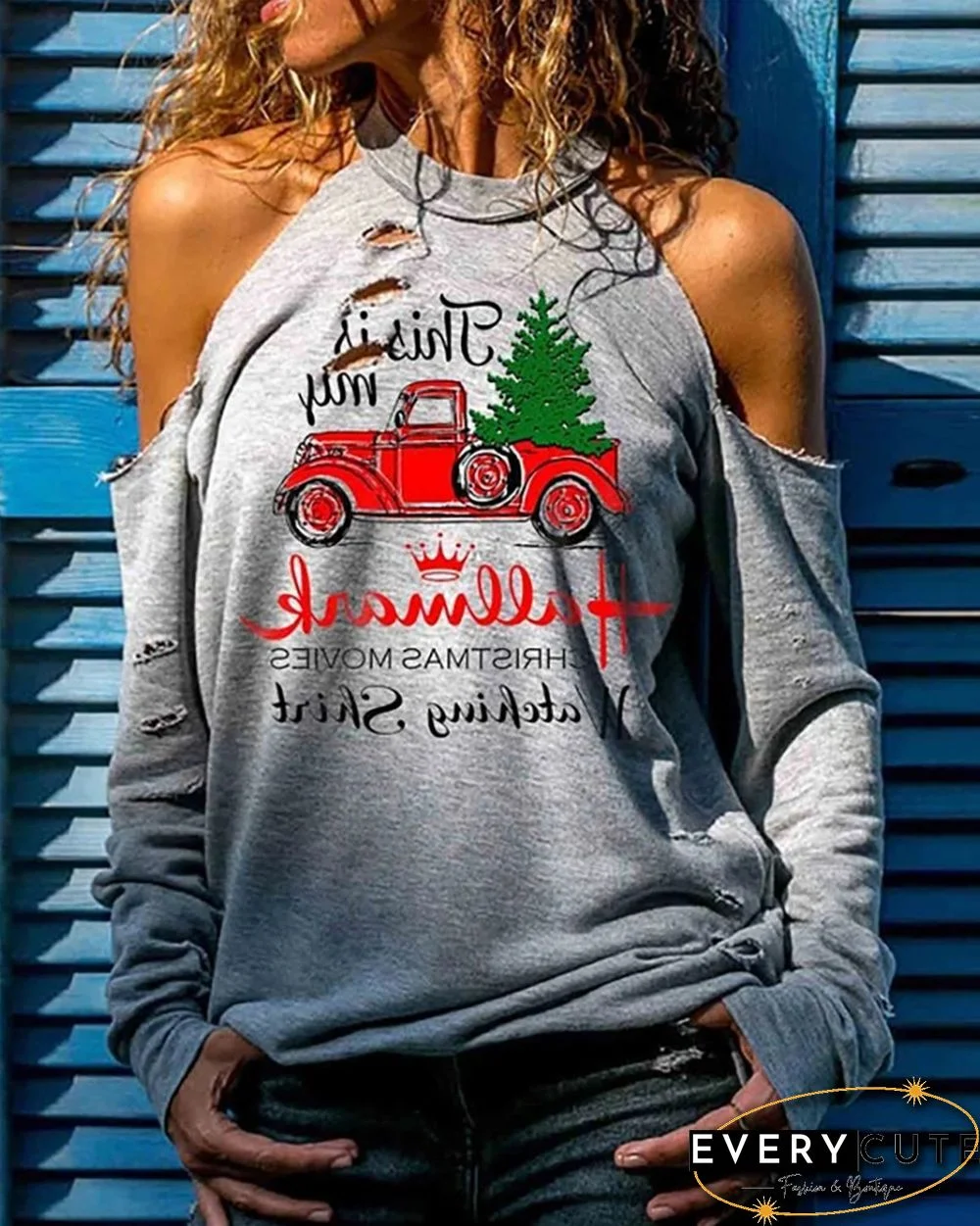 Christmas Letter Car Print Cutout Cold Shoulder Top