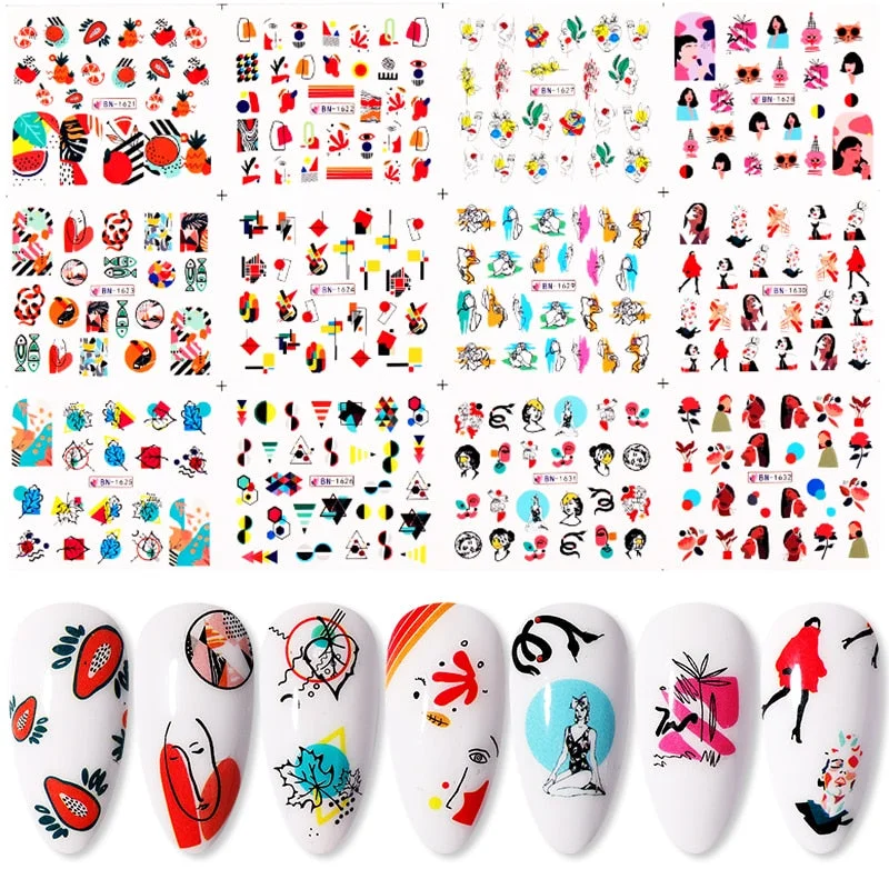 12 Designs Nail Stickers Set Snowflake Floral Geometric Nail Art Water Transfer Decals Sliders Flower Leaf Manicures Decoration