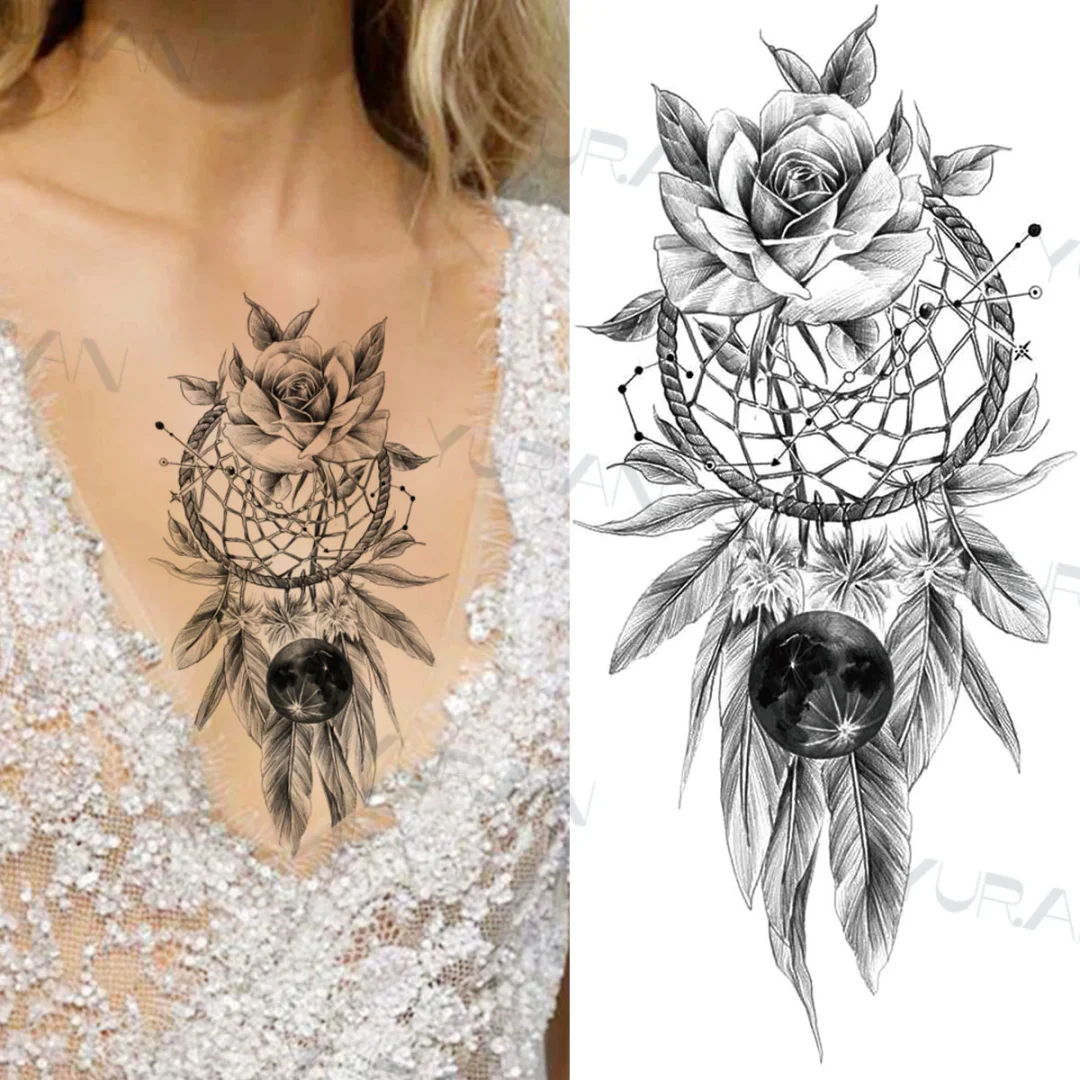 Sdrawing Catcher Rose Flower Temporary Tattoos For Women Adult Henna Moon Feather Owl Fake Tatoos Realistic Sexy Chest Tattoo Paste