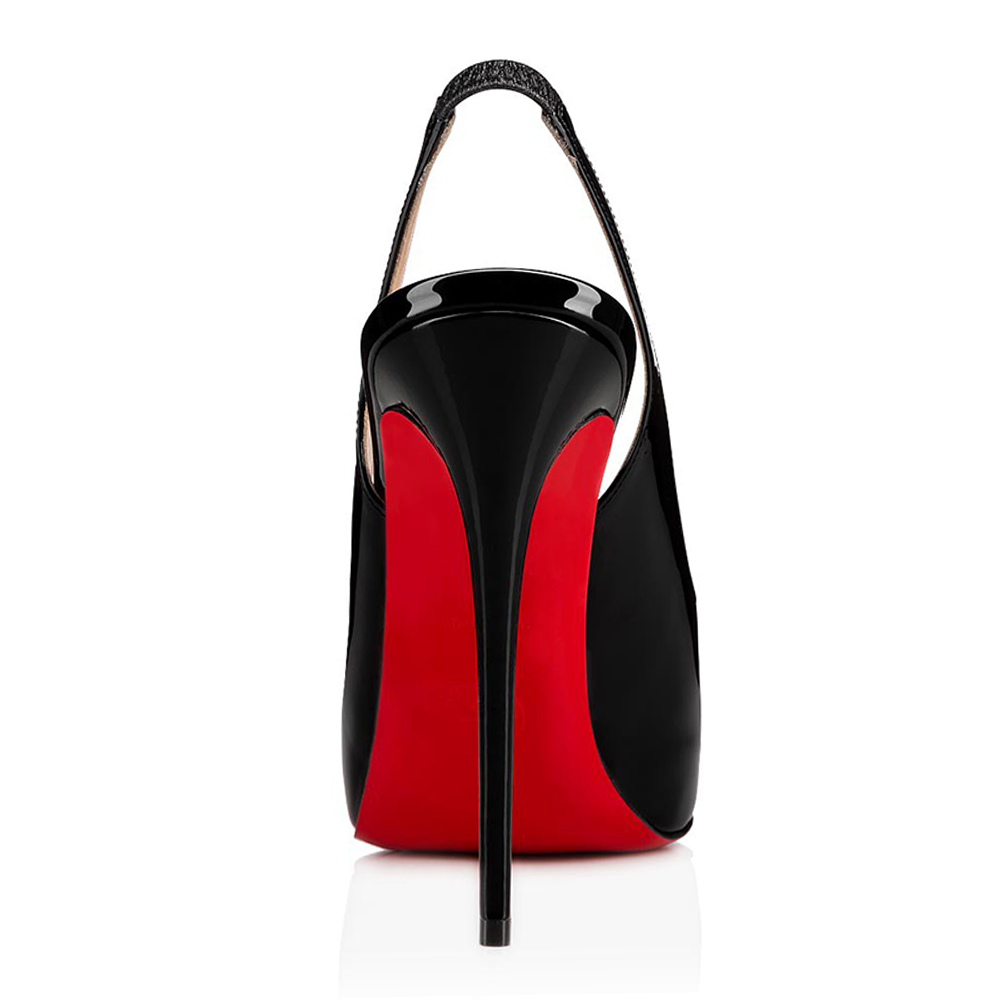 120mm Red Bottom Elastic Strap Slingback Sandals Peep Toe Platform Stilettos Black Patent Heels-MERUMOTE
