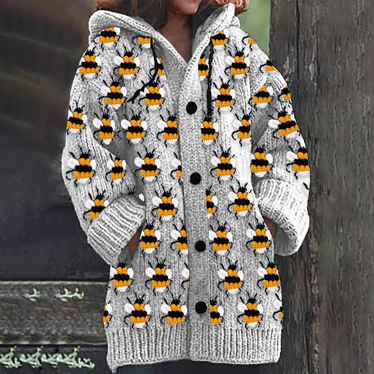 Forest Bee Knitted Art Cozy Hooded Cardigan