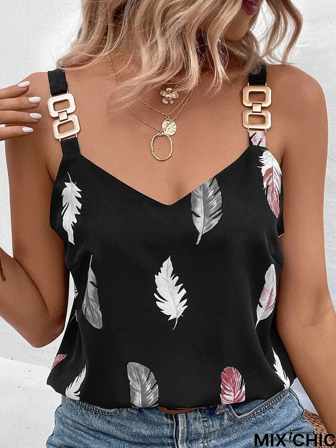 Casual V Neck Feather Pattern Loose Tank & Cami 2023