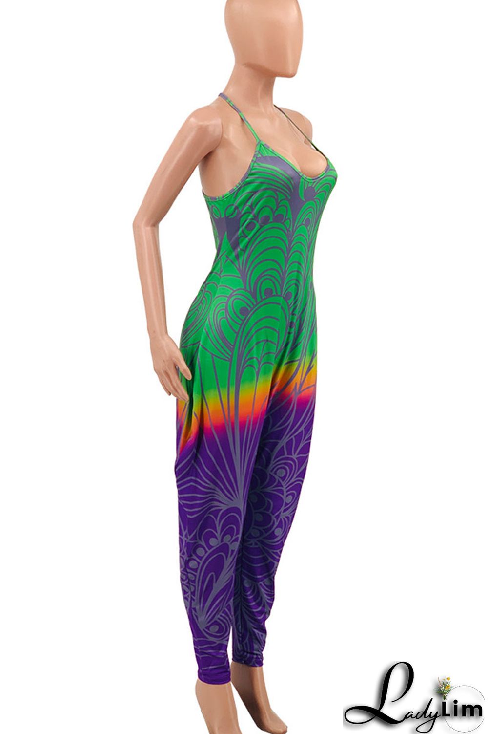 Green Casual Gradual Change Print Patchwork Spaghetti Strap Harlan Jumpsuits