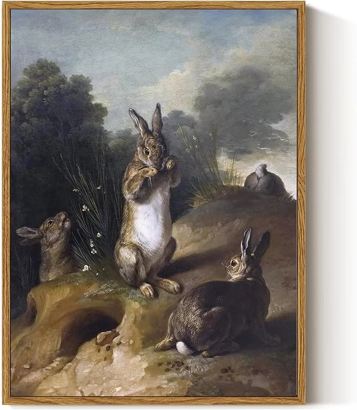 InSimSea Vintage Framed Canvas Wall Art, Four Rabbits Easter Wall Art Decor for Living Room, Animal Landscape Oil Painting Bedroom Office Bathroom Decor Prints Aesthetic(12x16 Inch)